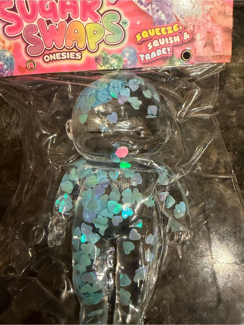 NEW ORB Sugar Swaps Onesies Sweethearts Clear BLUE Hearts Glitter Squishy Baby